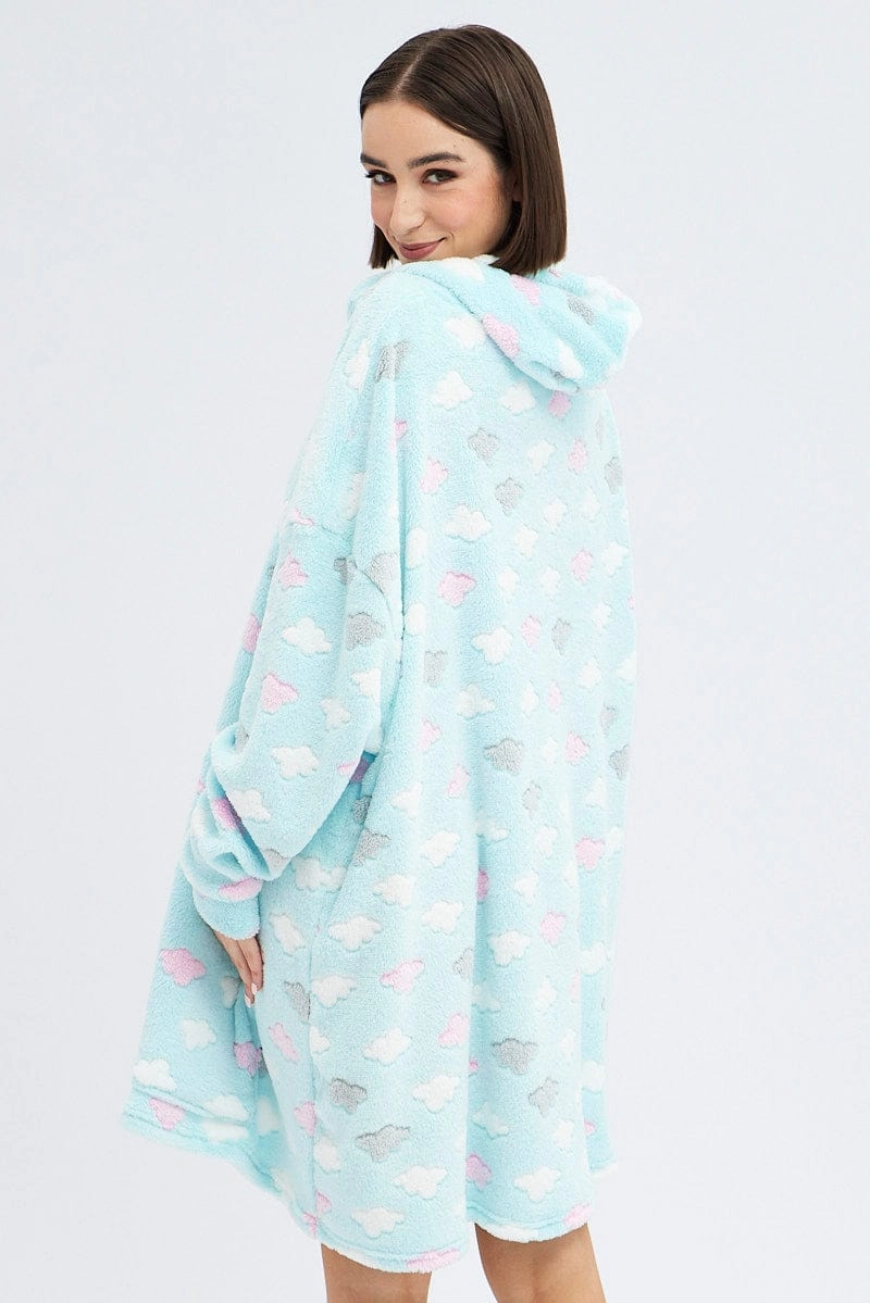 Green Cloud Print Cosy Blanket Hoodie PJ