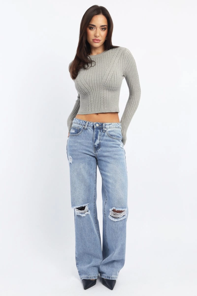 Grey Cable Knit Top Long Sleeve