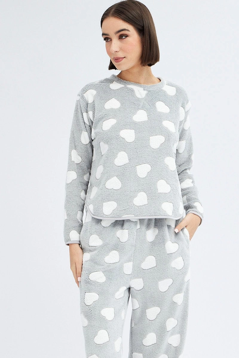 Grey Print Fluffy Pj Mint Cloud Print Cosy Pyjama Set
