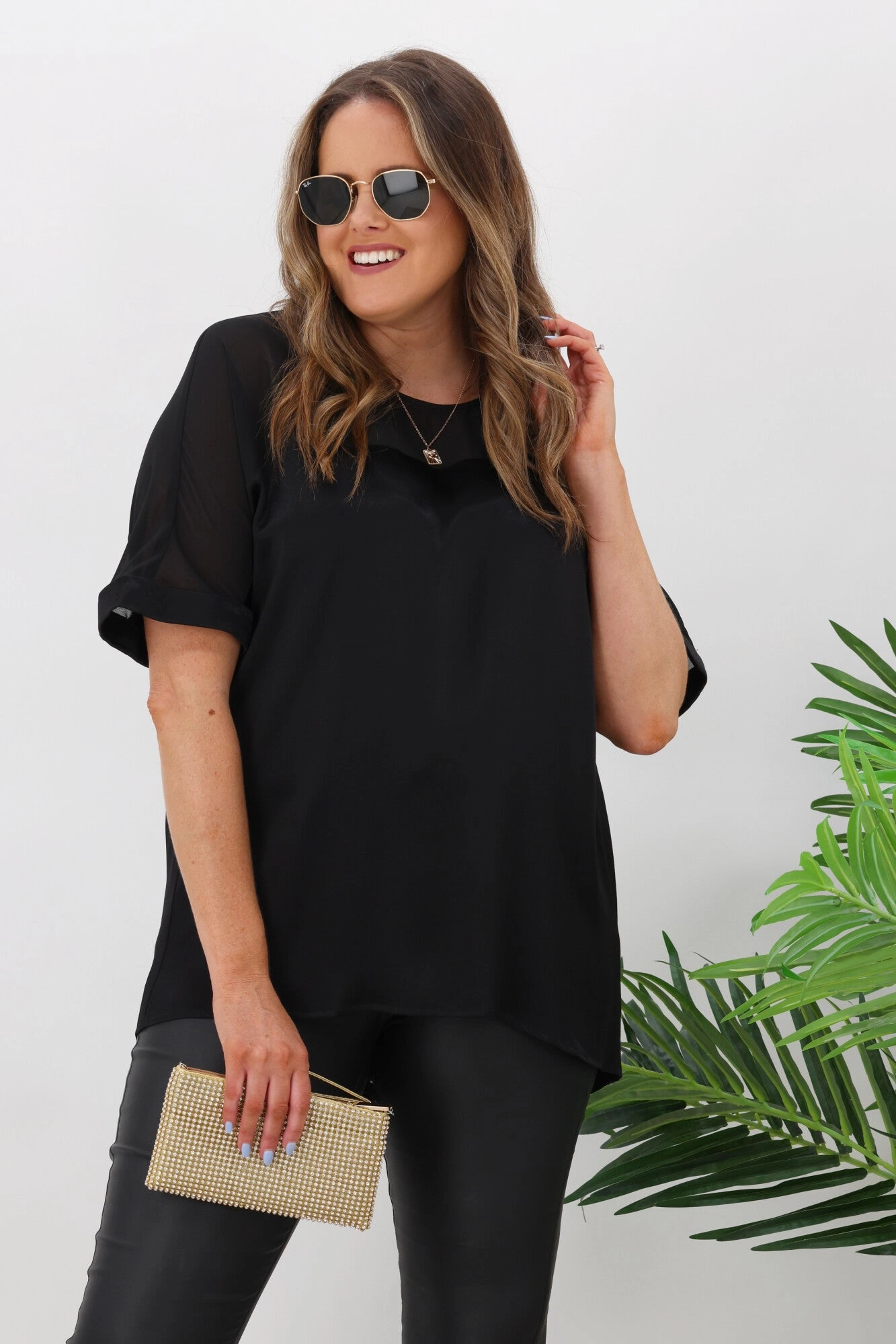 Jane James Tinsley Sheer Yoke Satin Top Black