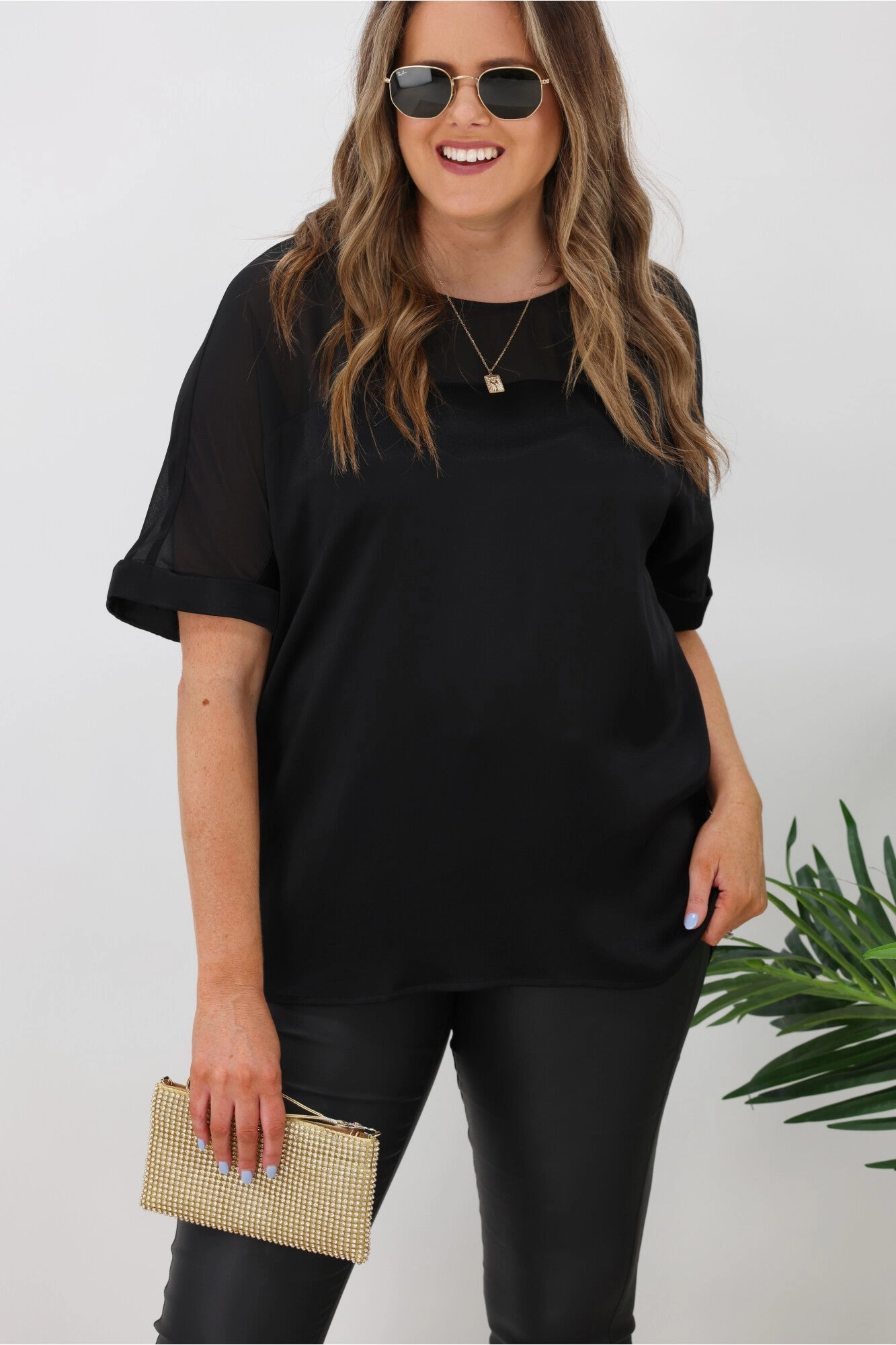 Jane James Tinsley Sheer Yoke Satin Top Black