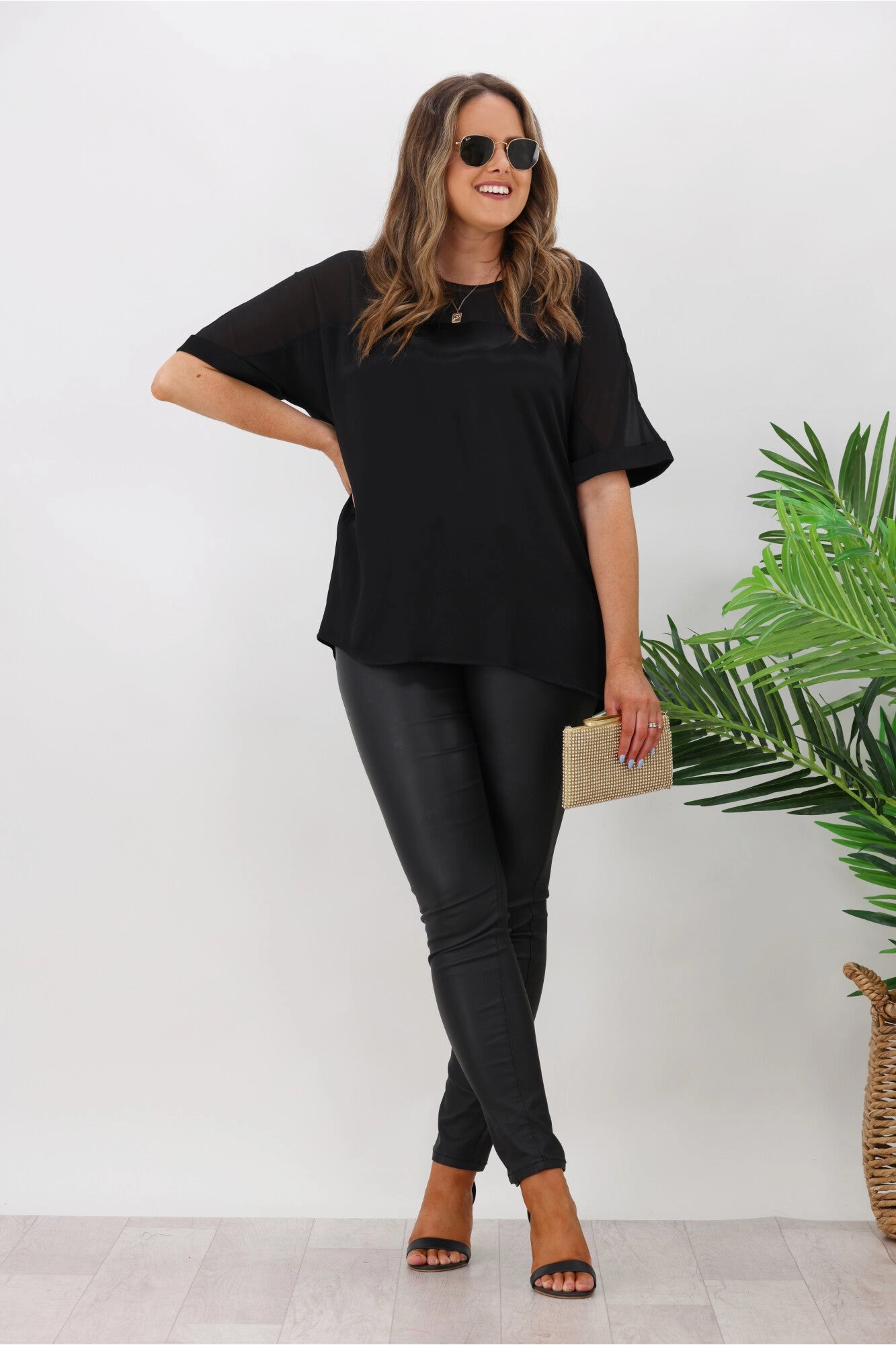 Jane James Tinsley Sheer Yoke Satin Top Black