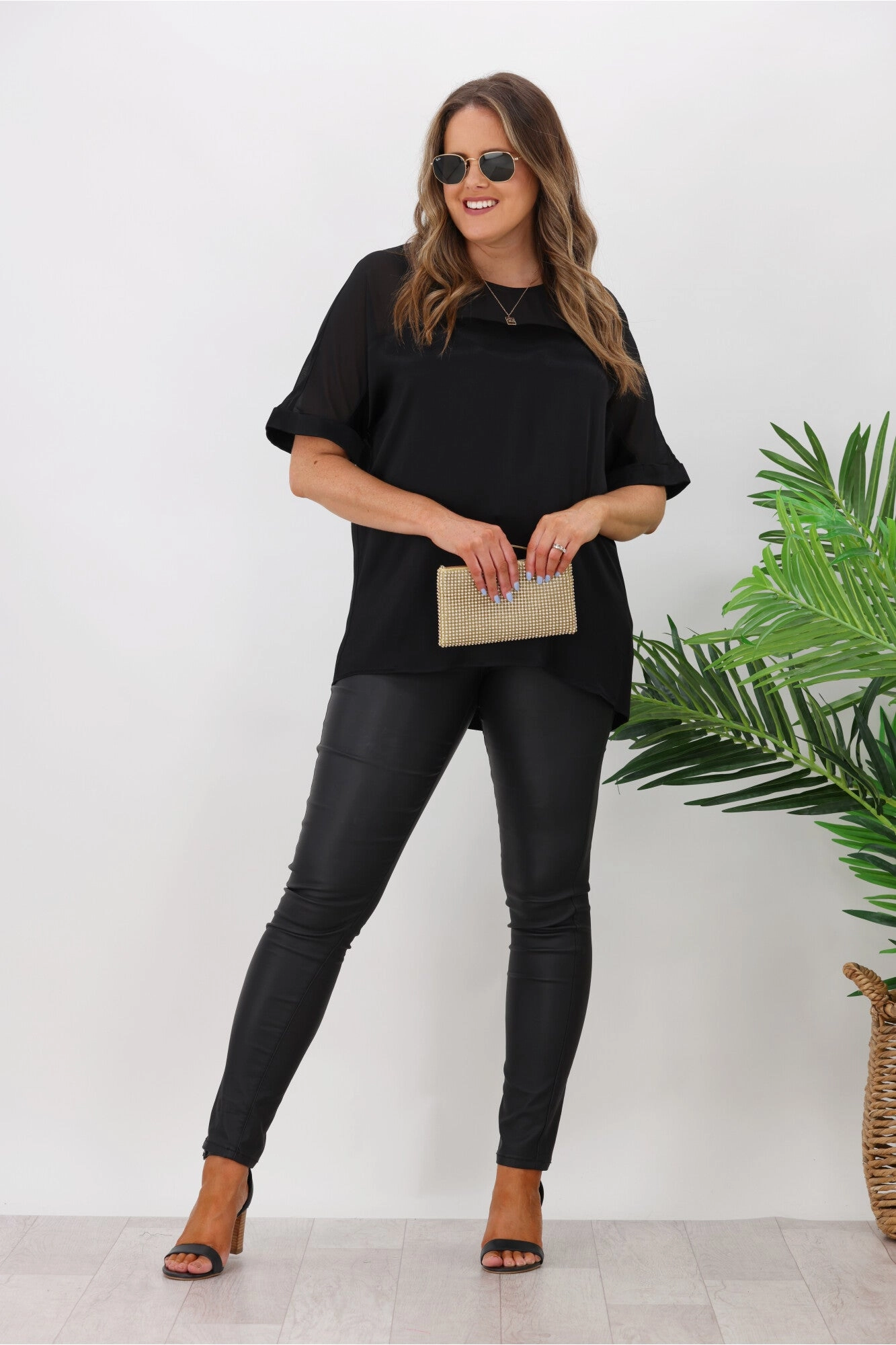 Jane James Tinsley Sheer Yoke Satin Top Black