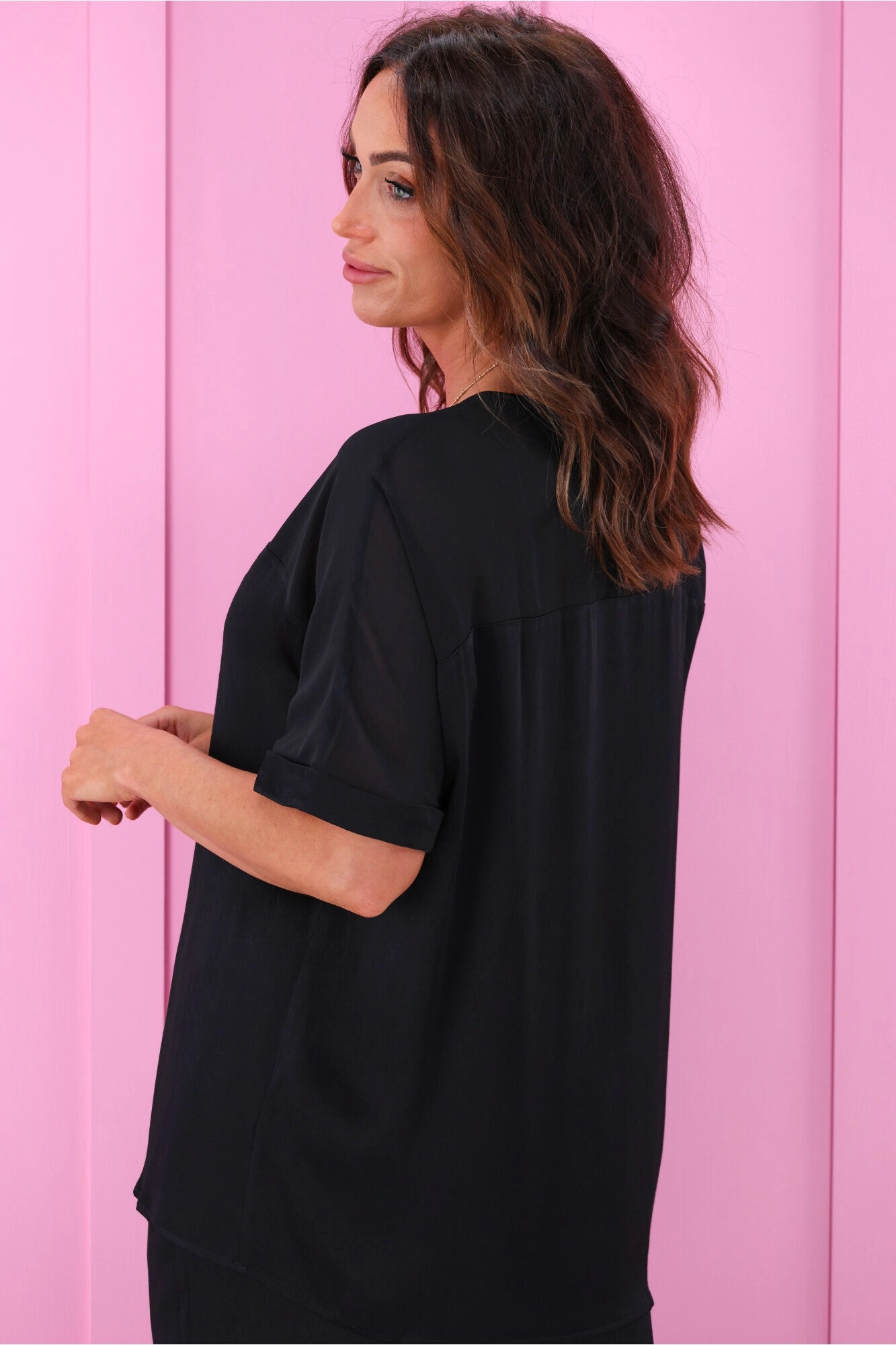 Jane James Tinsley Sheer Yoke Satin Top Black