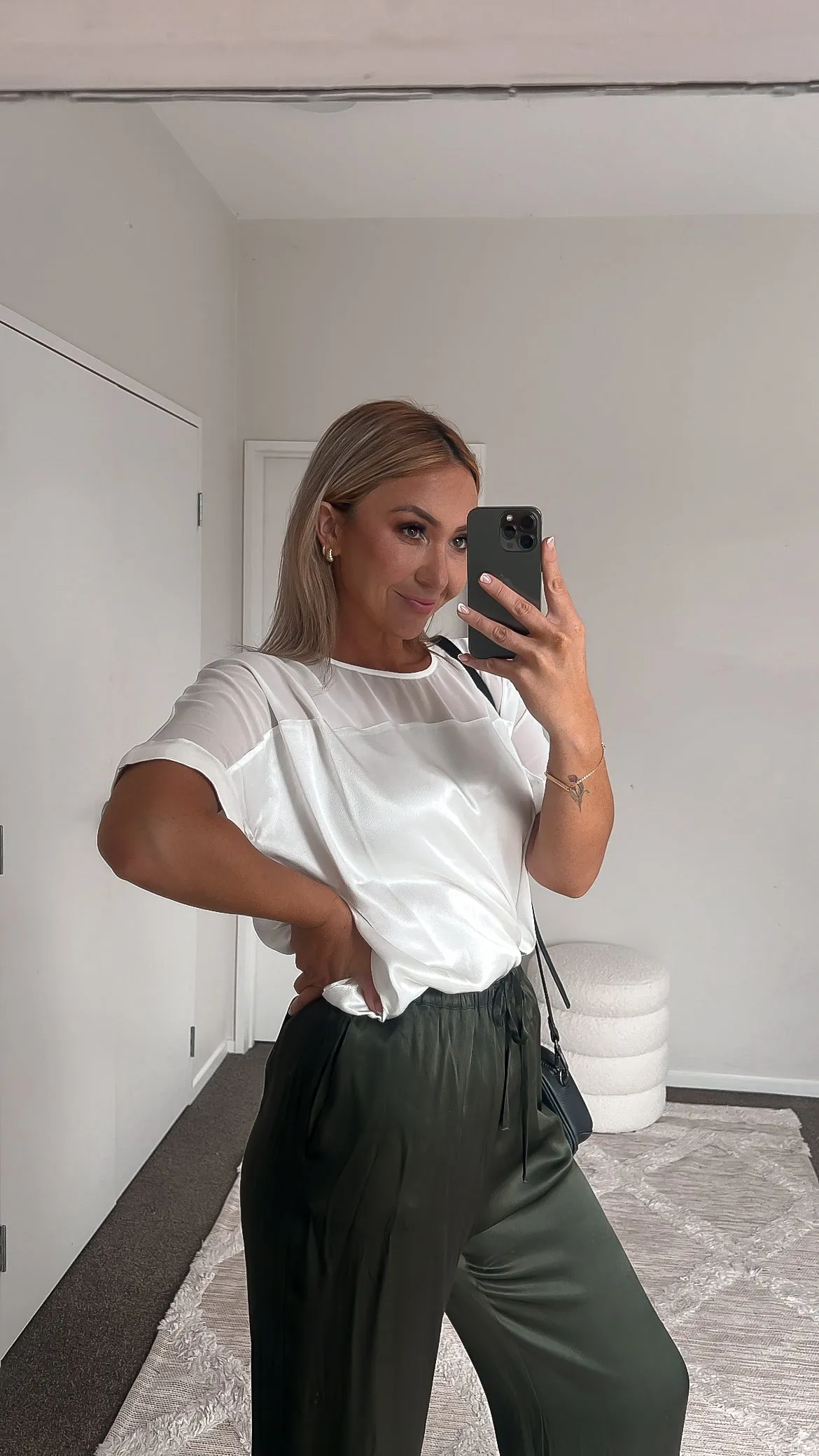 Jane James Tinsley Sheer Yoke Satin Top Ivory