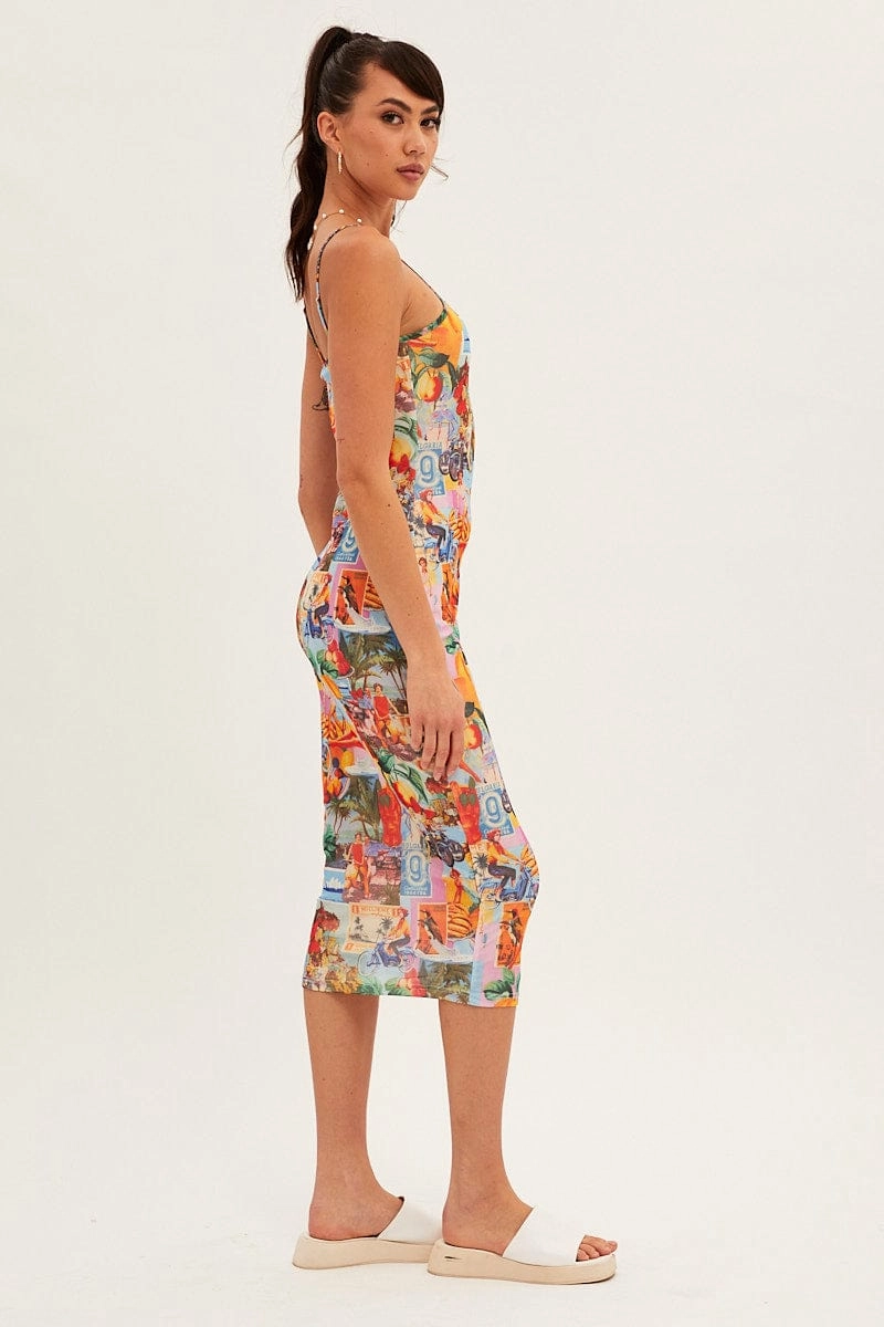 Orange Abstract Midi Dress Straps Bodycon Postcard Holiday Print