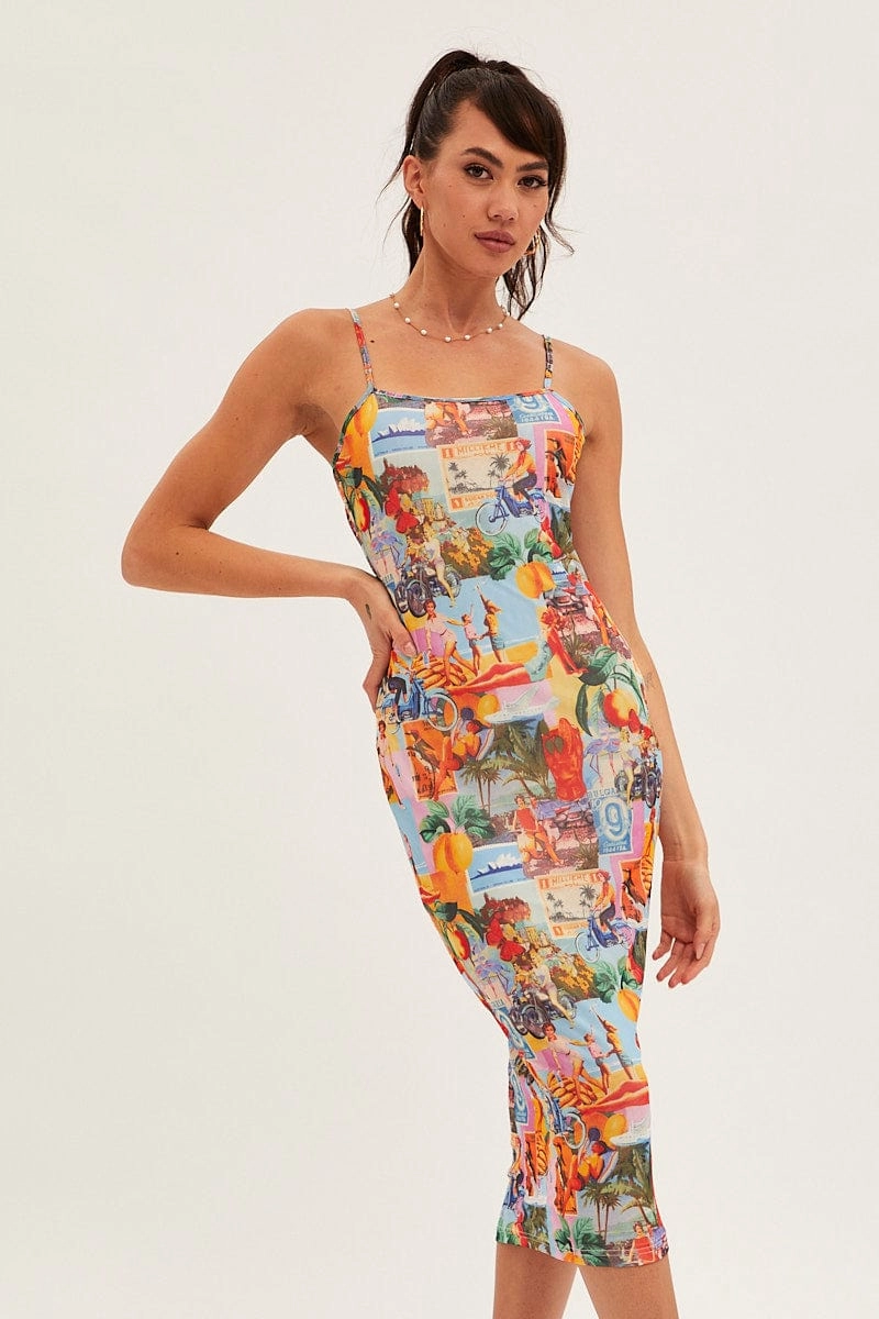 Orange Abstract Midi Dress Straps Bodycon Postcard Holiday Print