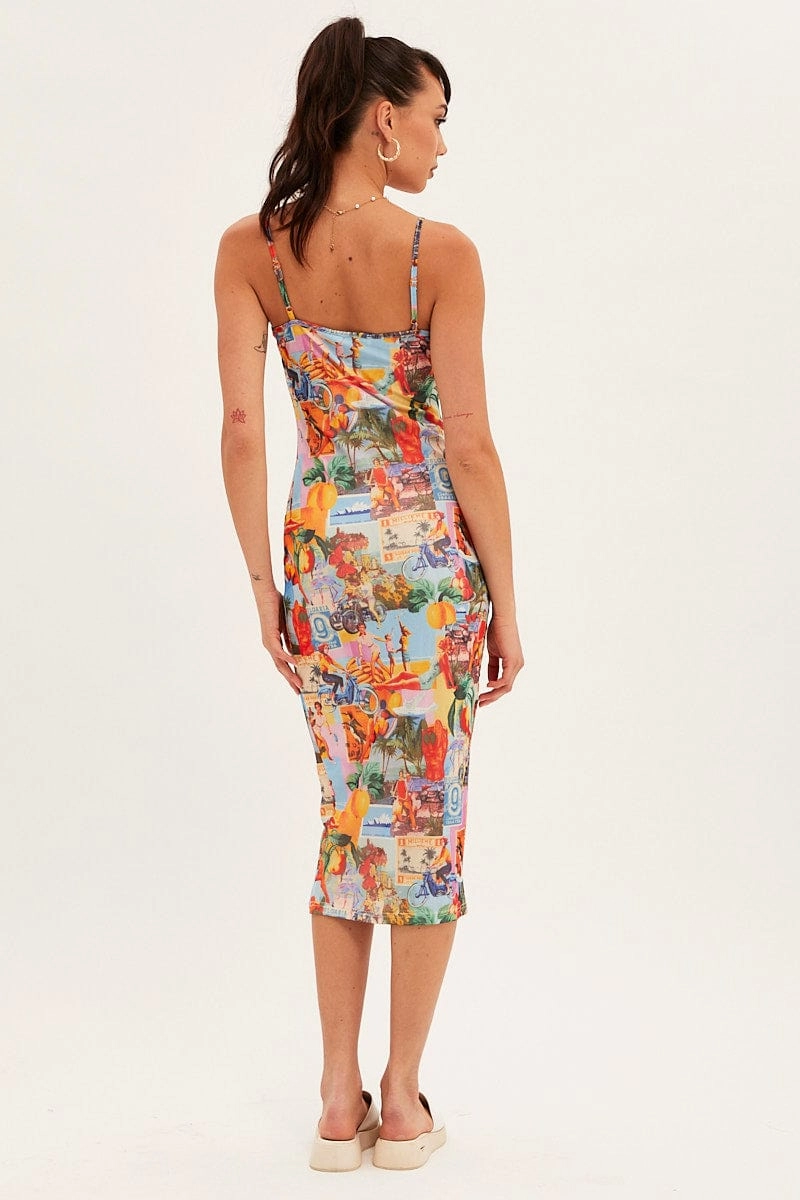 Orange Abstract Midi Dress Straps Bodycon Postcard Holiday Print