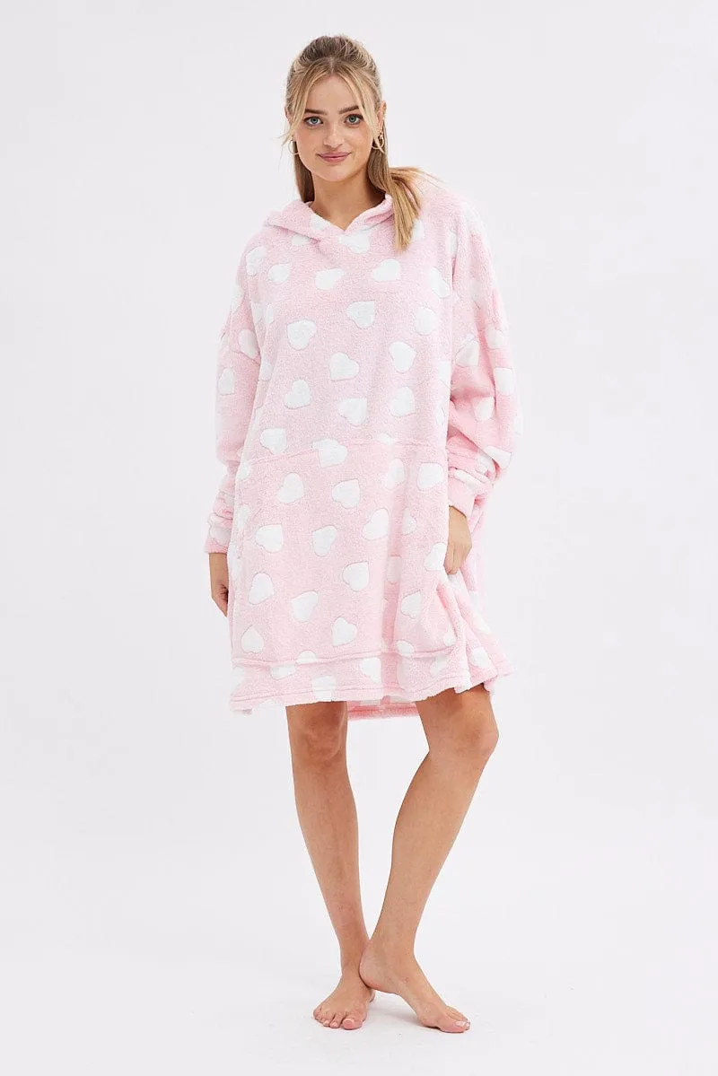 Pink Heart Print Cosy Blanket Hoodie PJ