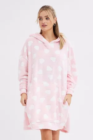 Pink Heart Print Cosy Blanket Hoodie PJ