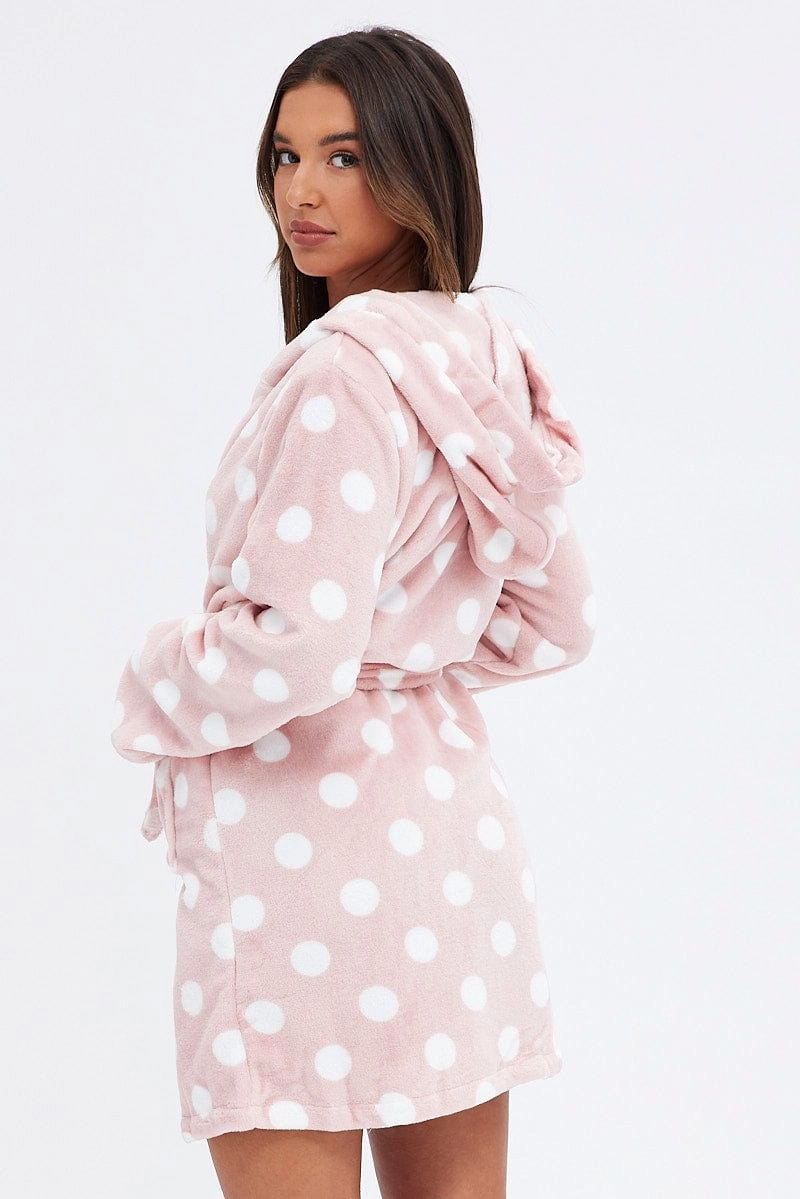 Pink Polka Dot Fleece Robe Dressing Gown PJ