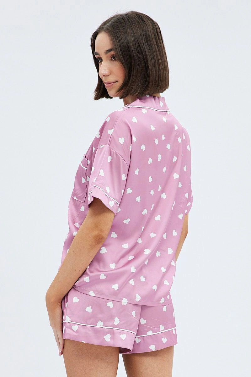 Pink Polka Dot Pink Satin Hearts Contrast Piping Pyjama Set
