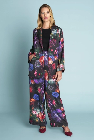 Printed Satin Jacket - Dark Floral Print