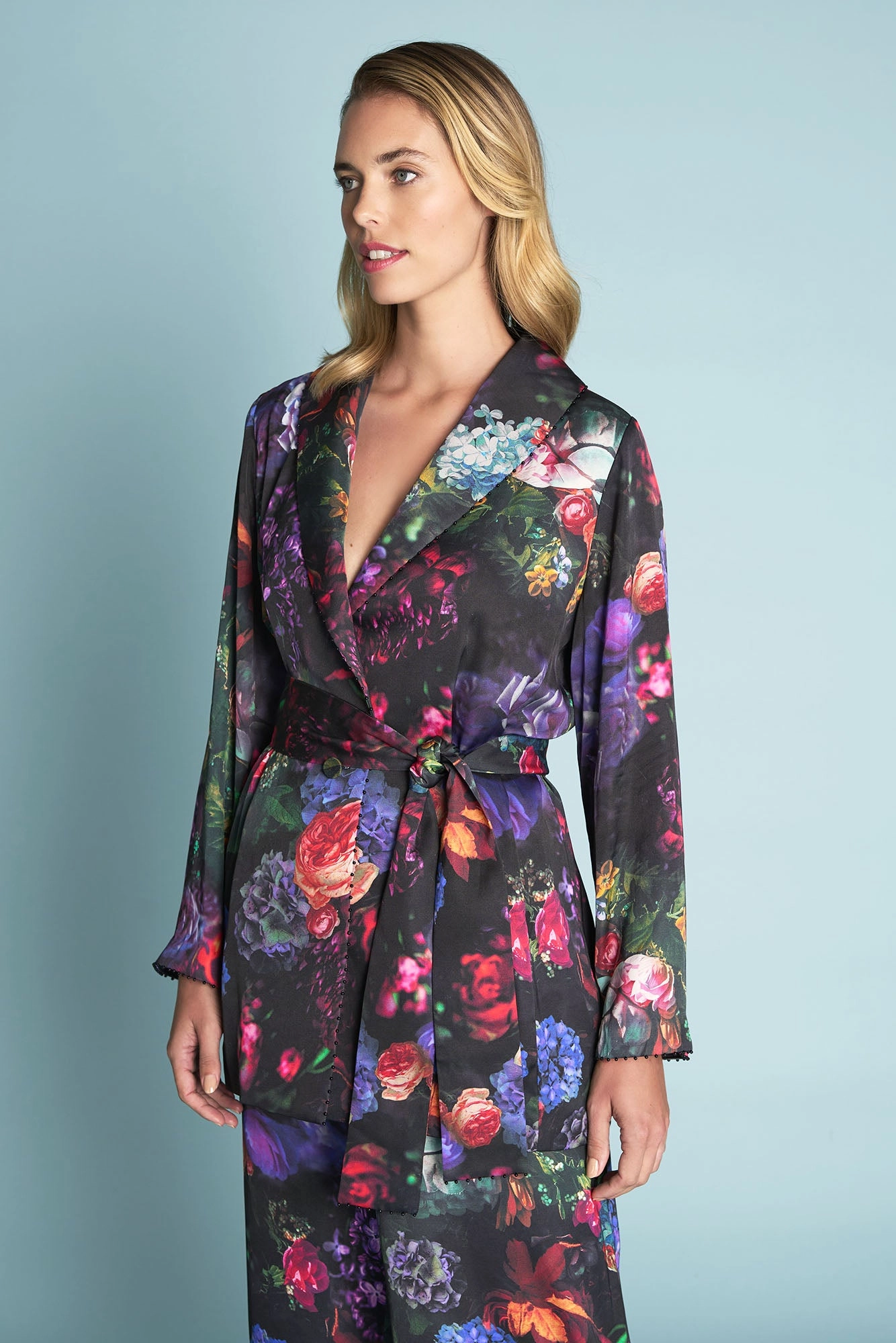 Printed Satin Jacket - Dark Floral Print