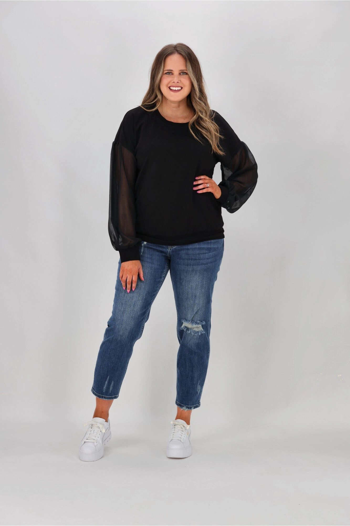 Shine On label Reese Sheer Sleeve Top Black Check