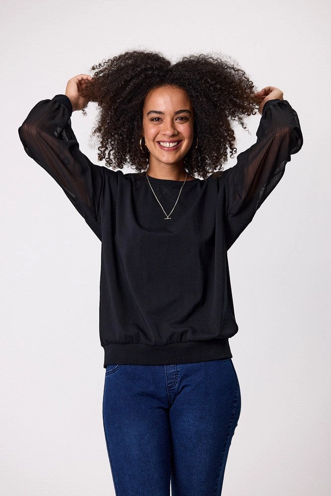 Shine On label Reese Sheer Sleeve Top Black Check