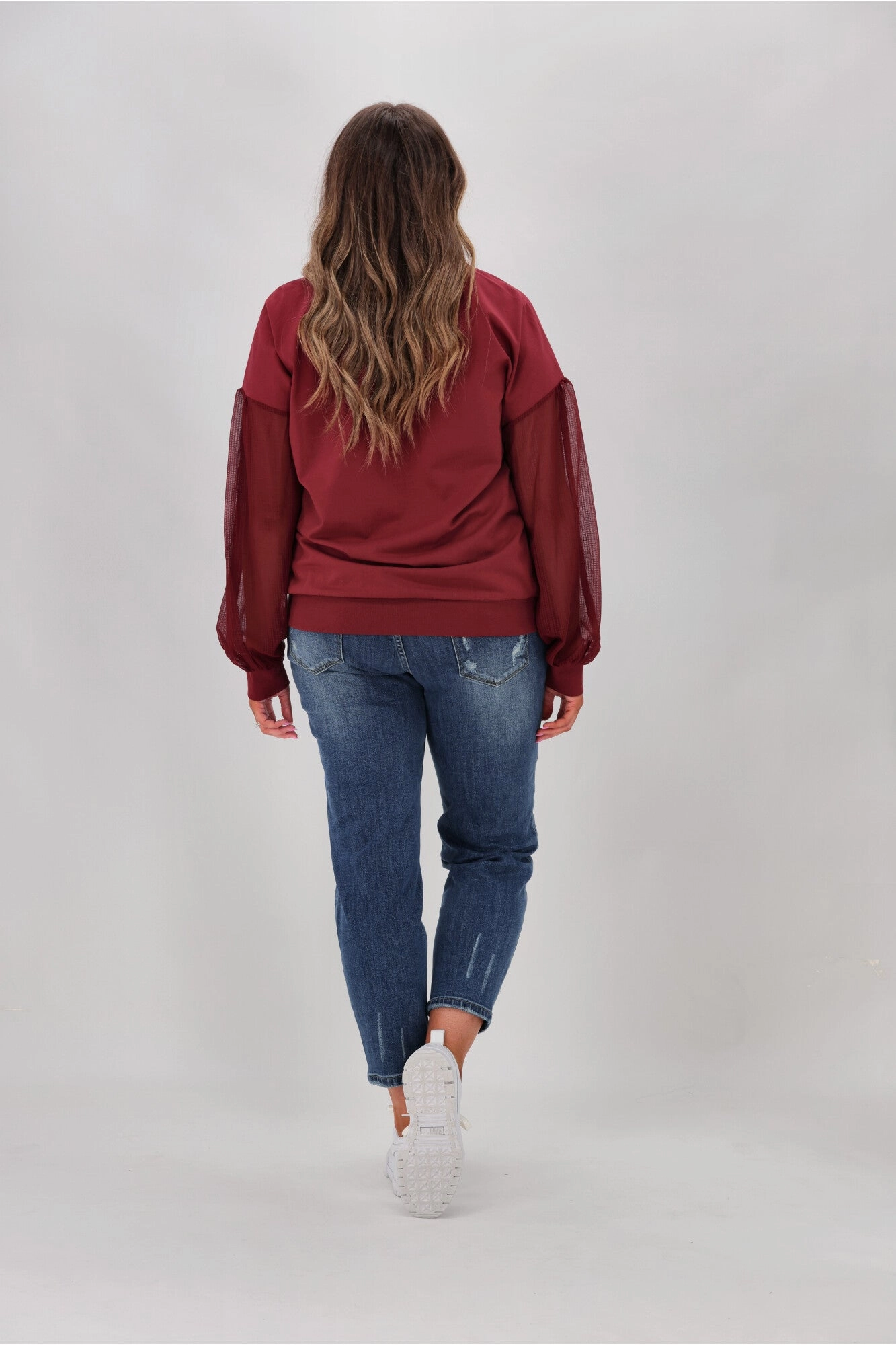 Shine On label Reese Sheer Sleeve Top Wine Check