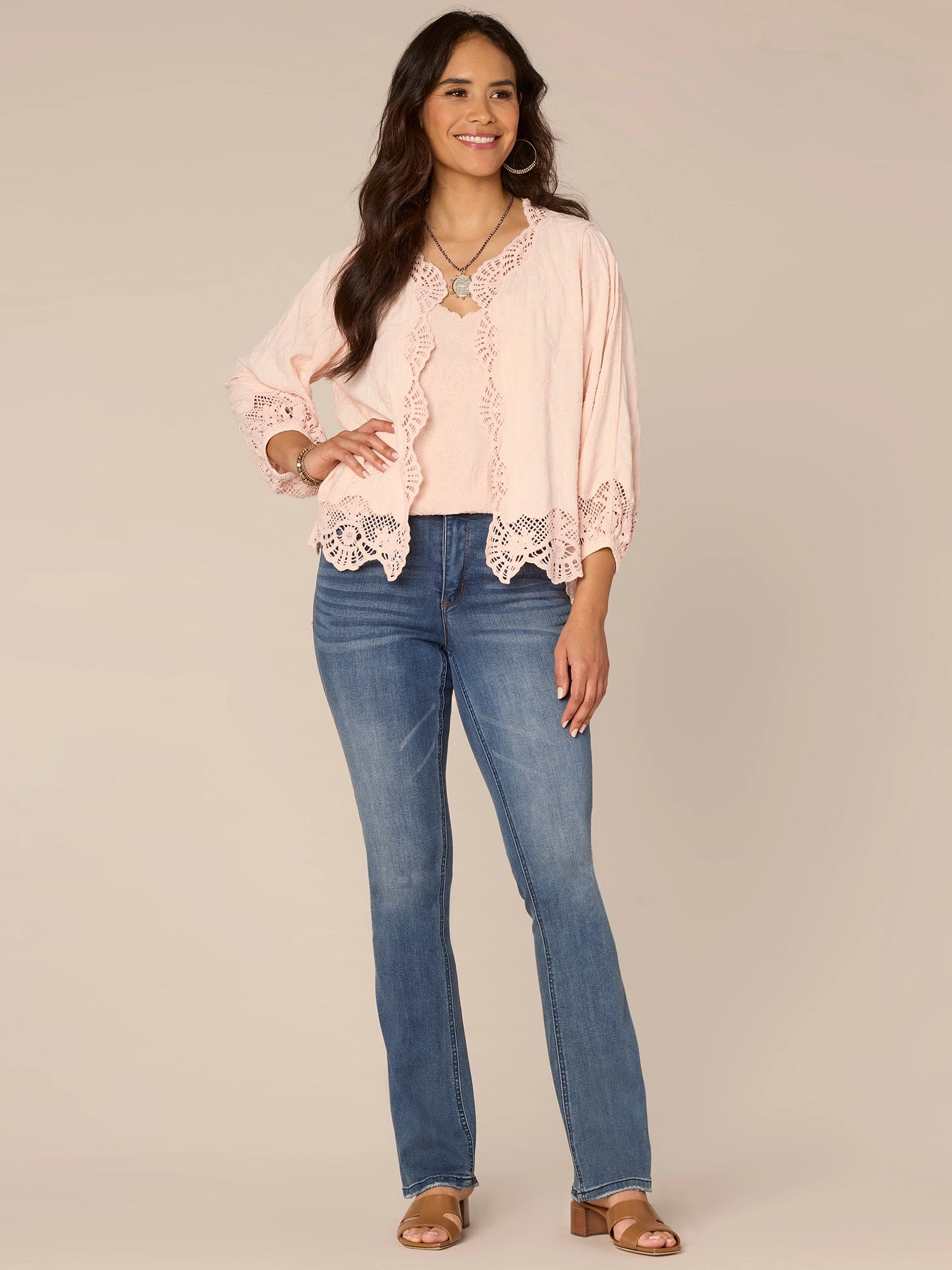 Three Quarter Blouson Sleeve Open Front Crochet Cropped Woven Jacket