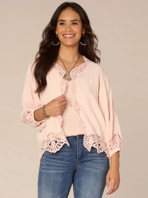 Three Quarter Blouson Sleeve Open Front Crochet Cropped Woven Jacket