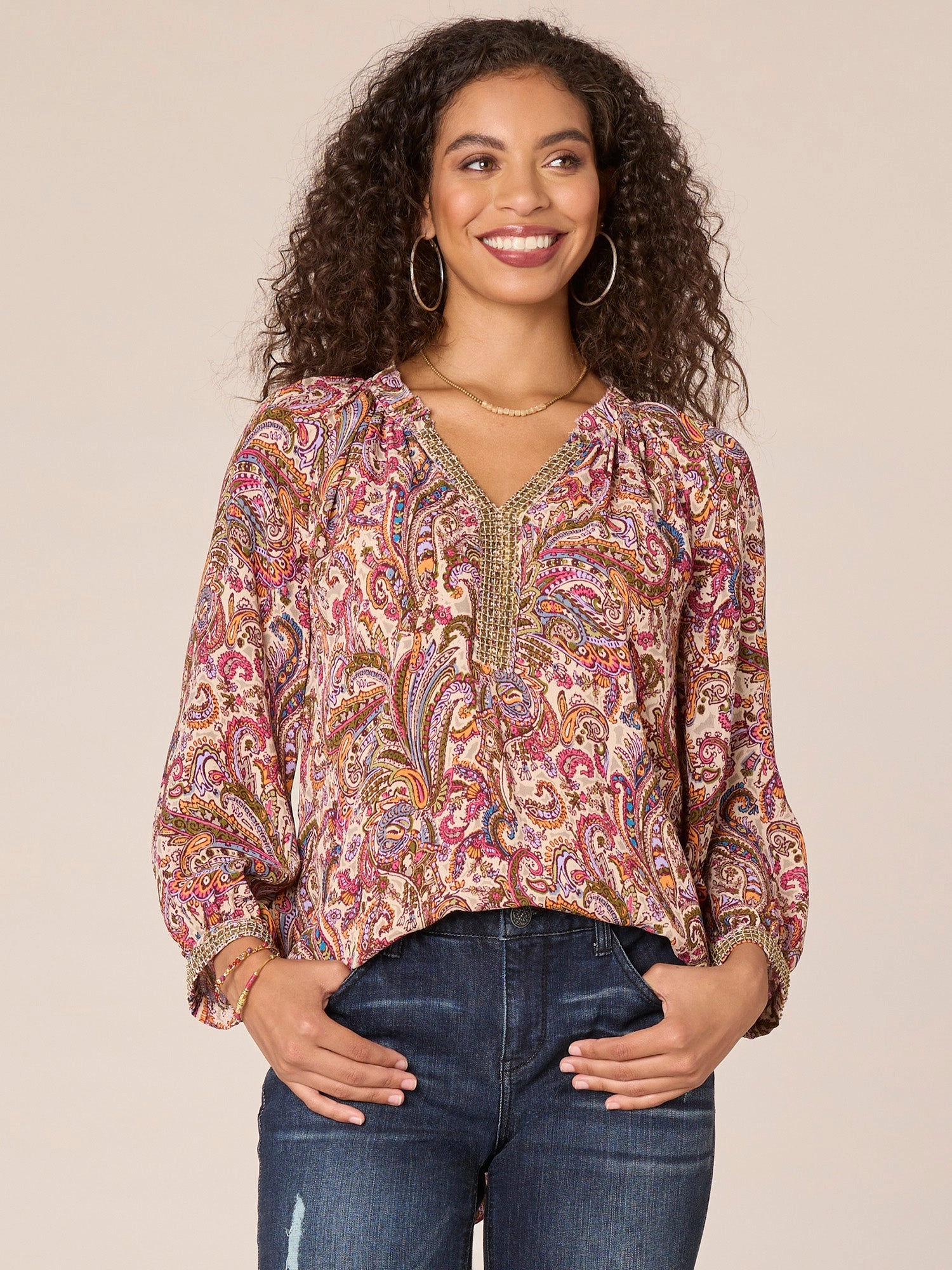 Three Quarter Blouson Sleeve Ruffle Split V-Neck Printed Woven Top