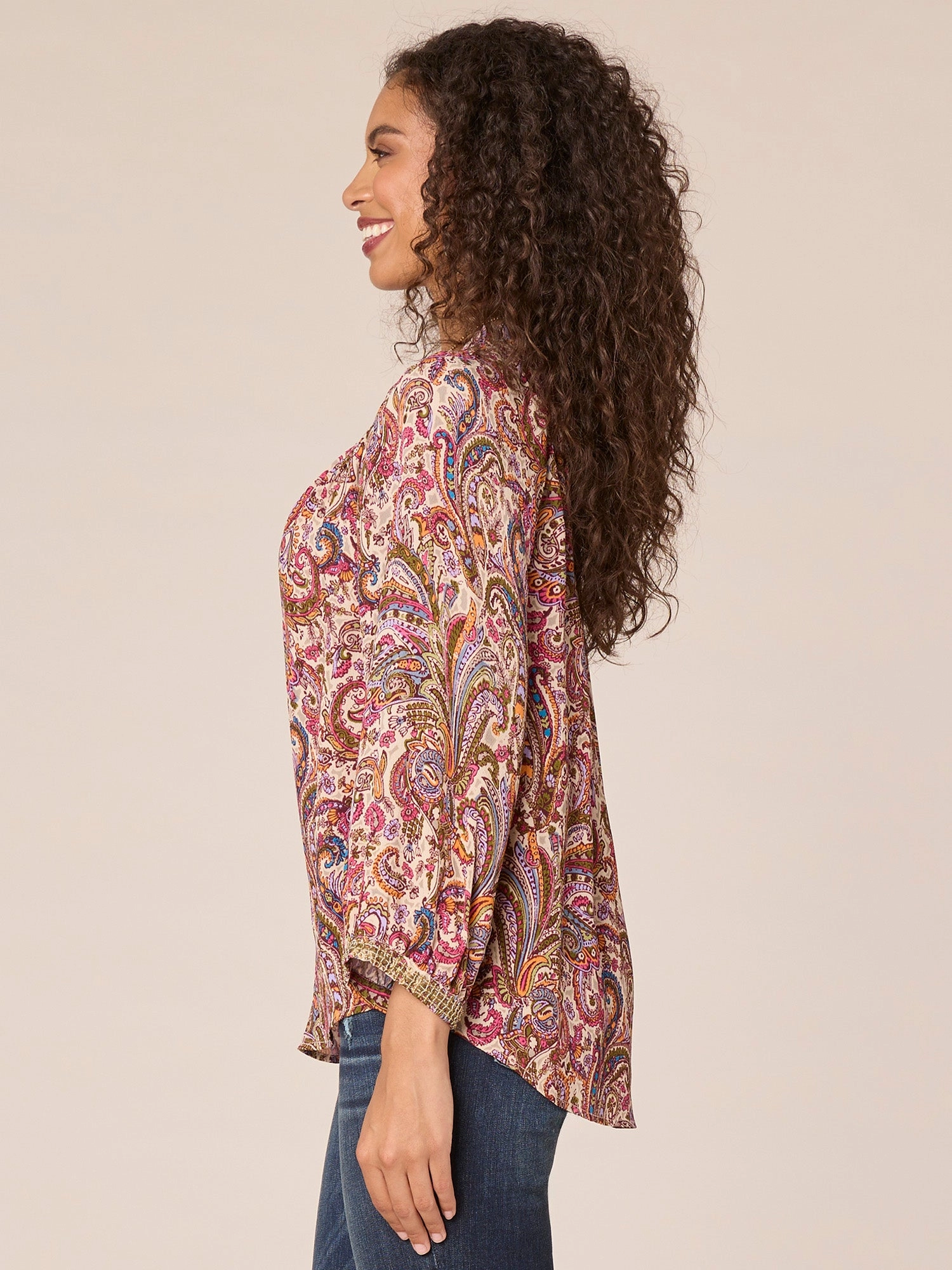 Three Quarter Blouson Sleeve Ruffle Split V-Neck Printed Woven Top