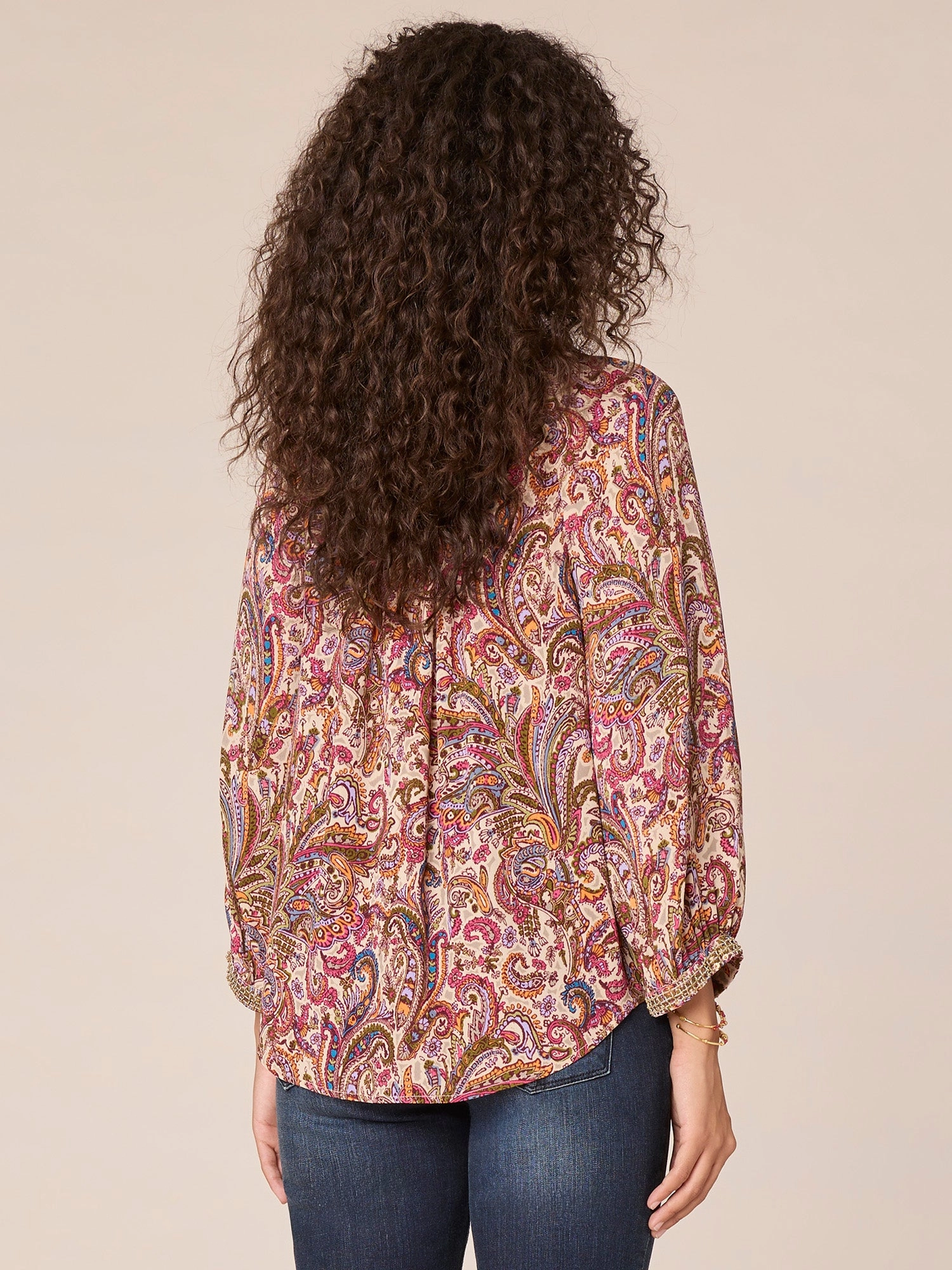 Three Quarter Blouson Sleeve Ruffle Split V-Neck Printed Woven Top