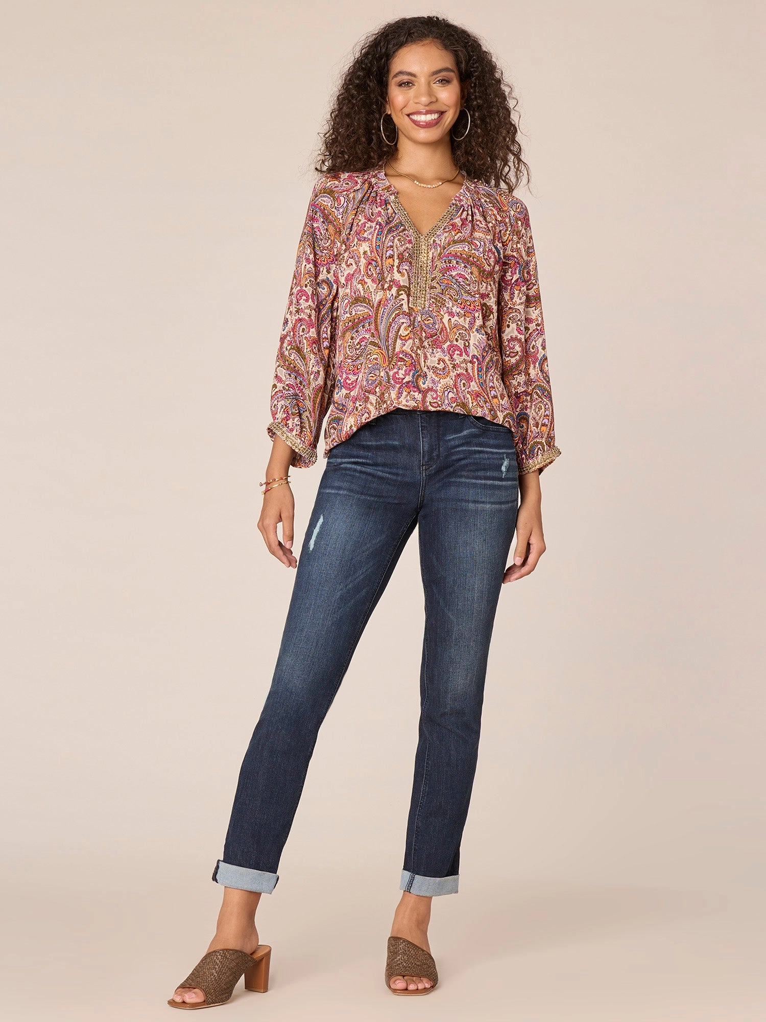 Three Quarter Blouson Sleeve Ruffle Split V-Neck Printed Woven Top