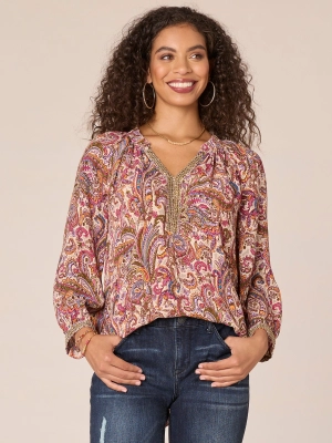Three Quarter Blouson Sleeve Ruffle Split V-Neck Printed Woven Top