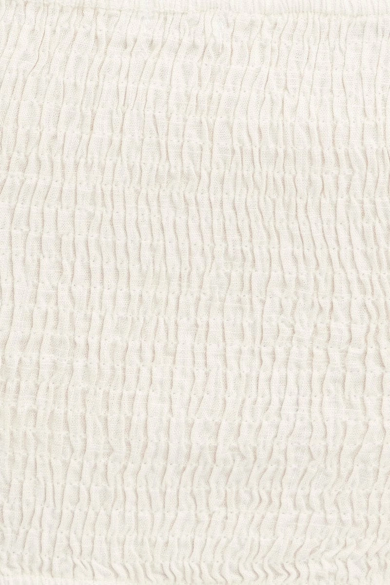 White Shirred Top Volume Short Sleeve Crop Linen Blend