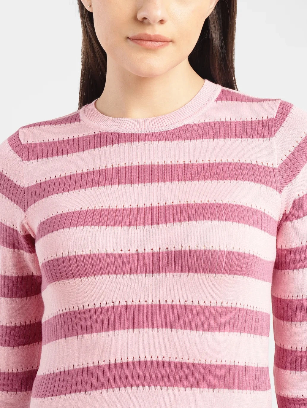Women's Striped Pink Crew Neck Sweater