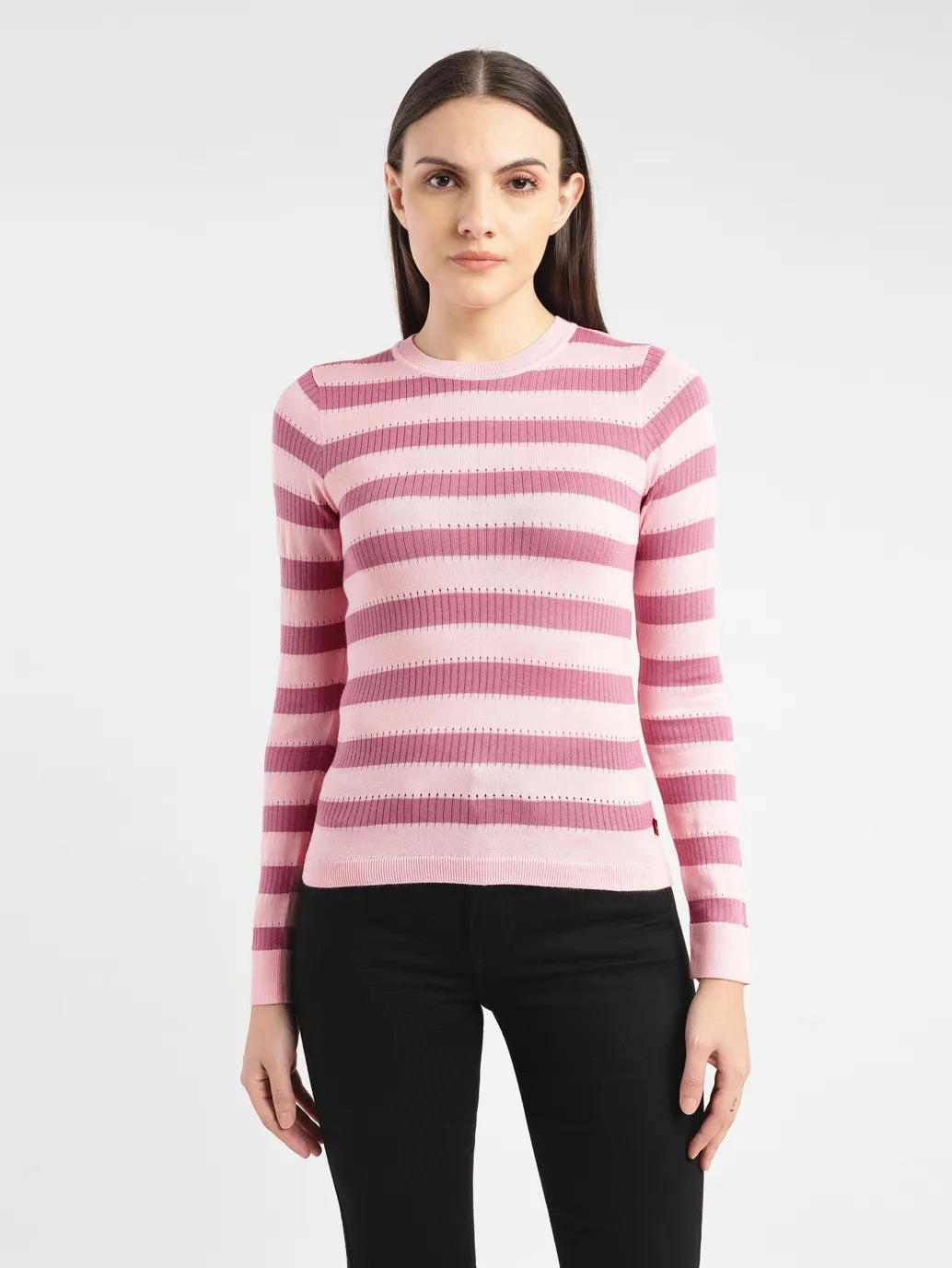 Women's Striped Pink Crew Neck Sweater