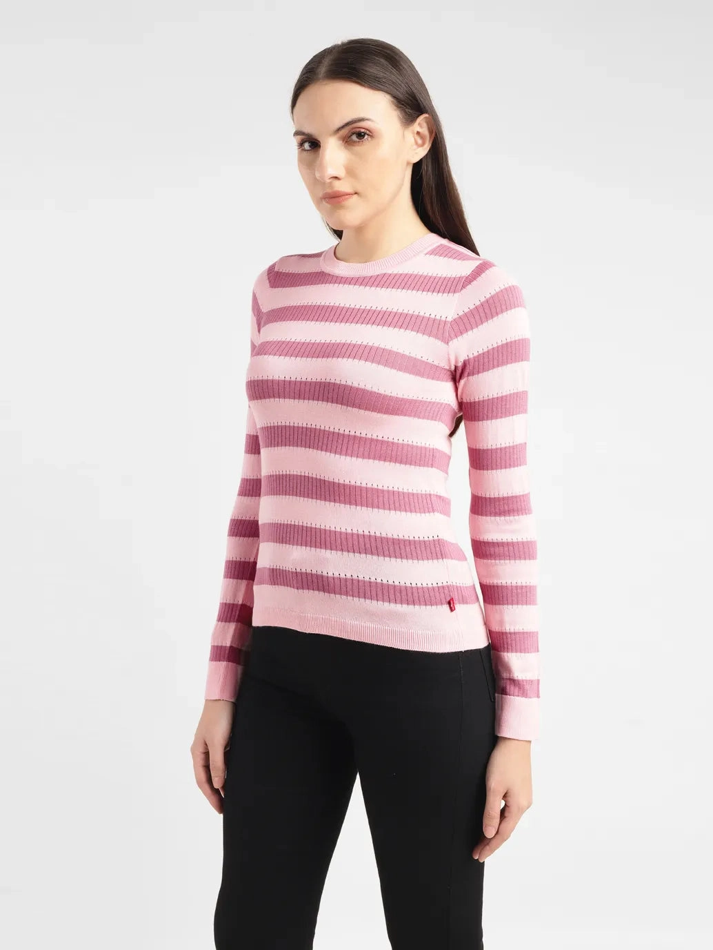 Women's Striped Pink Crew Neck Sweater