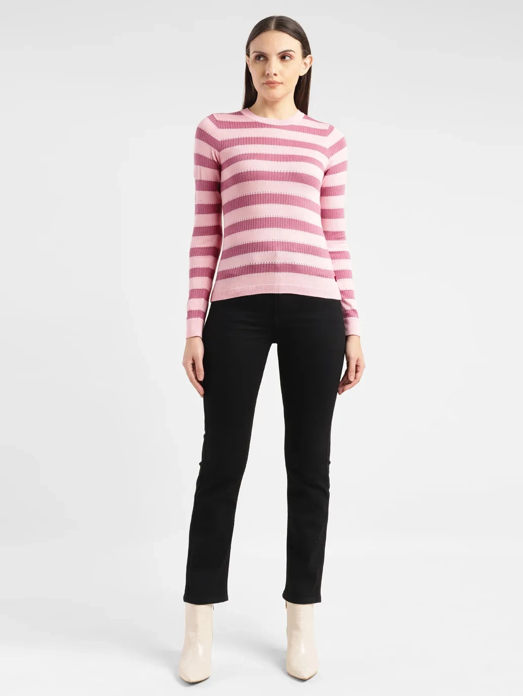 Women's Striped Pink Crew Neck Sweater