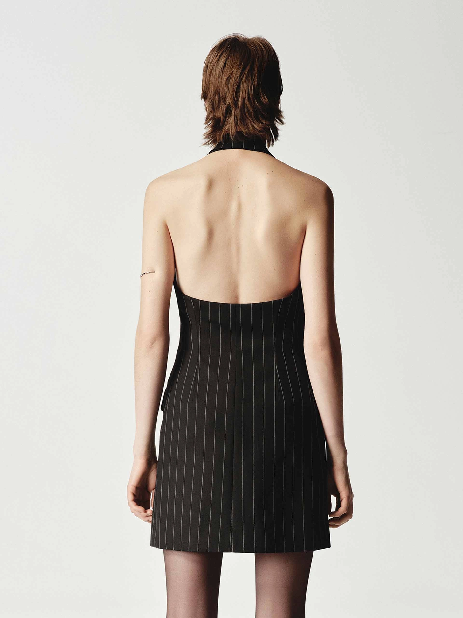 Wool Backless Pinstripe Dress