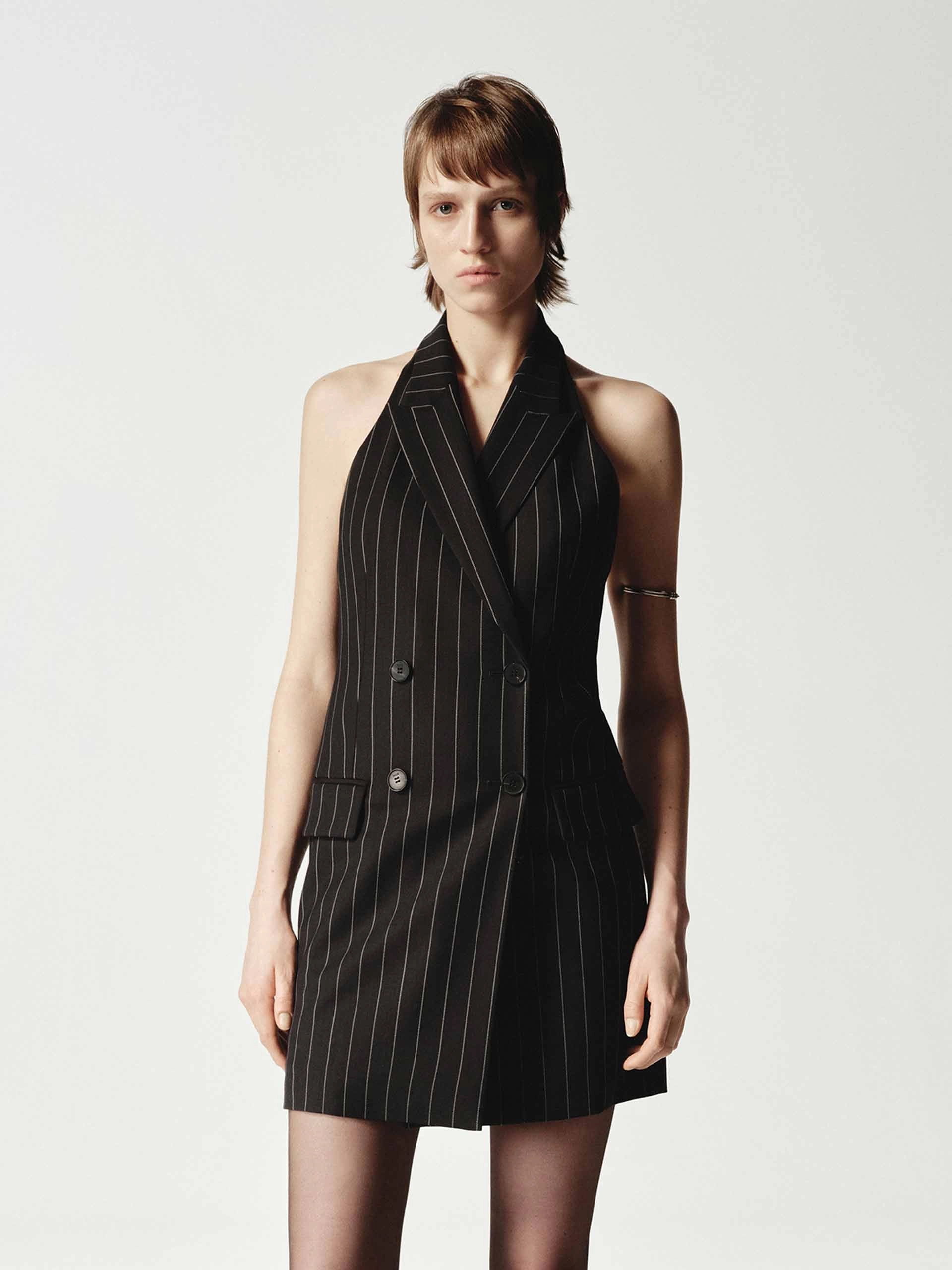 Wool Backless Pinstripe Dress