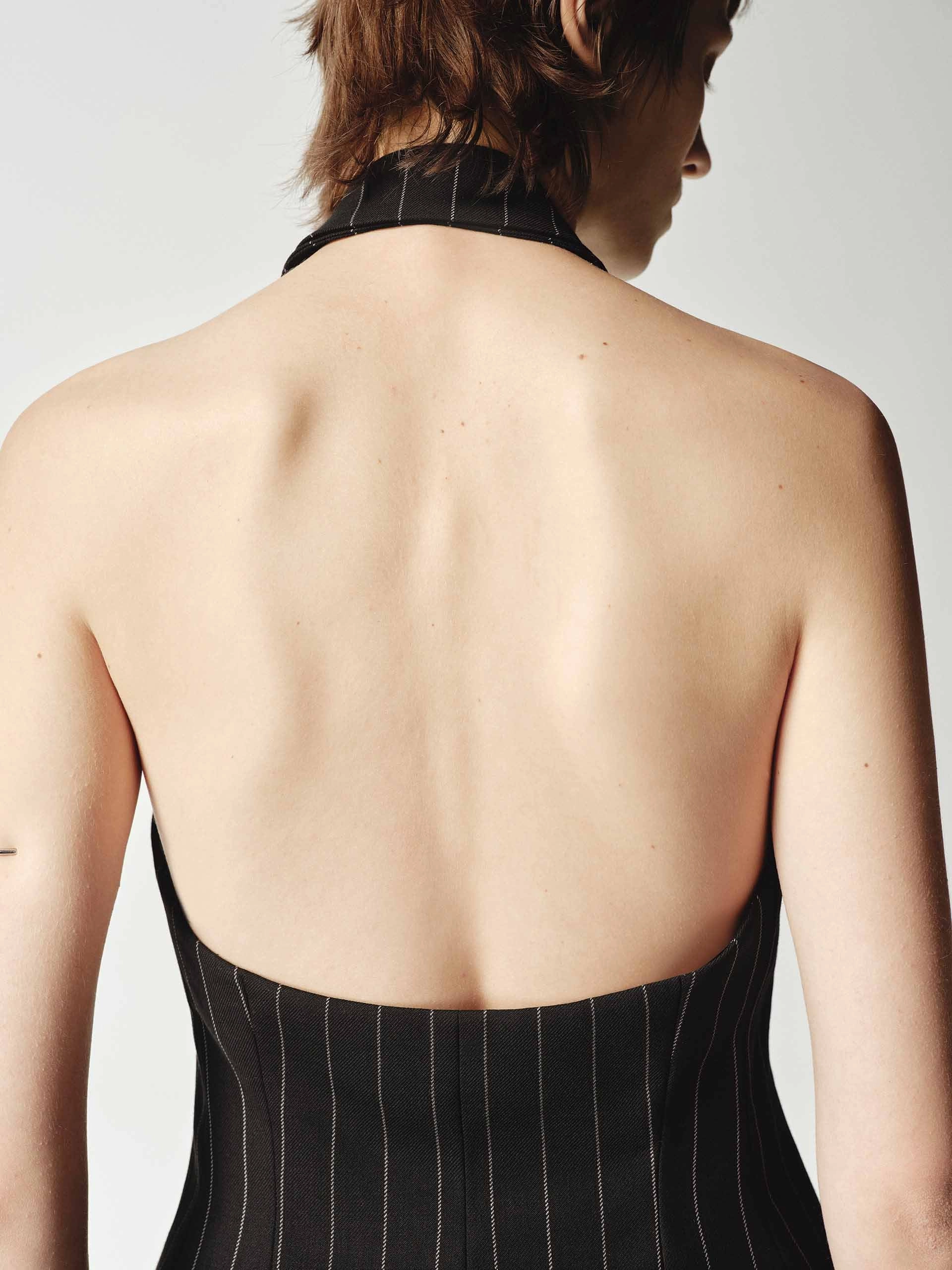 Wool Backless Pinstripe Dress
