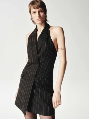 Wool Backless Pinstripe Dress