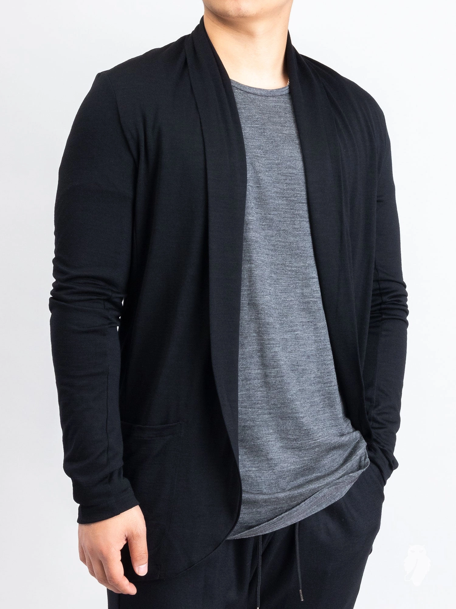 Wool Stole Collar Cardigan in Black