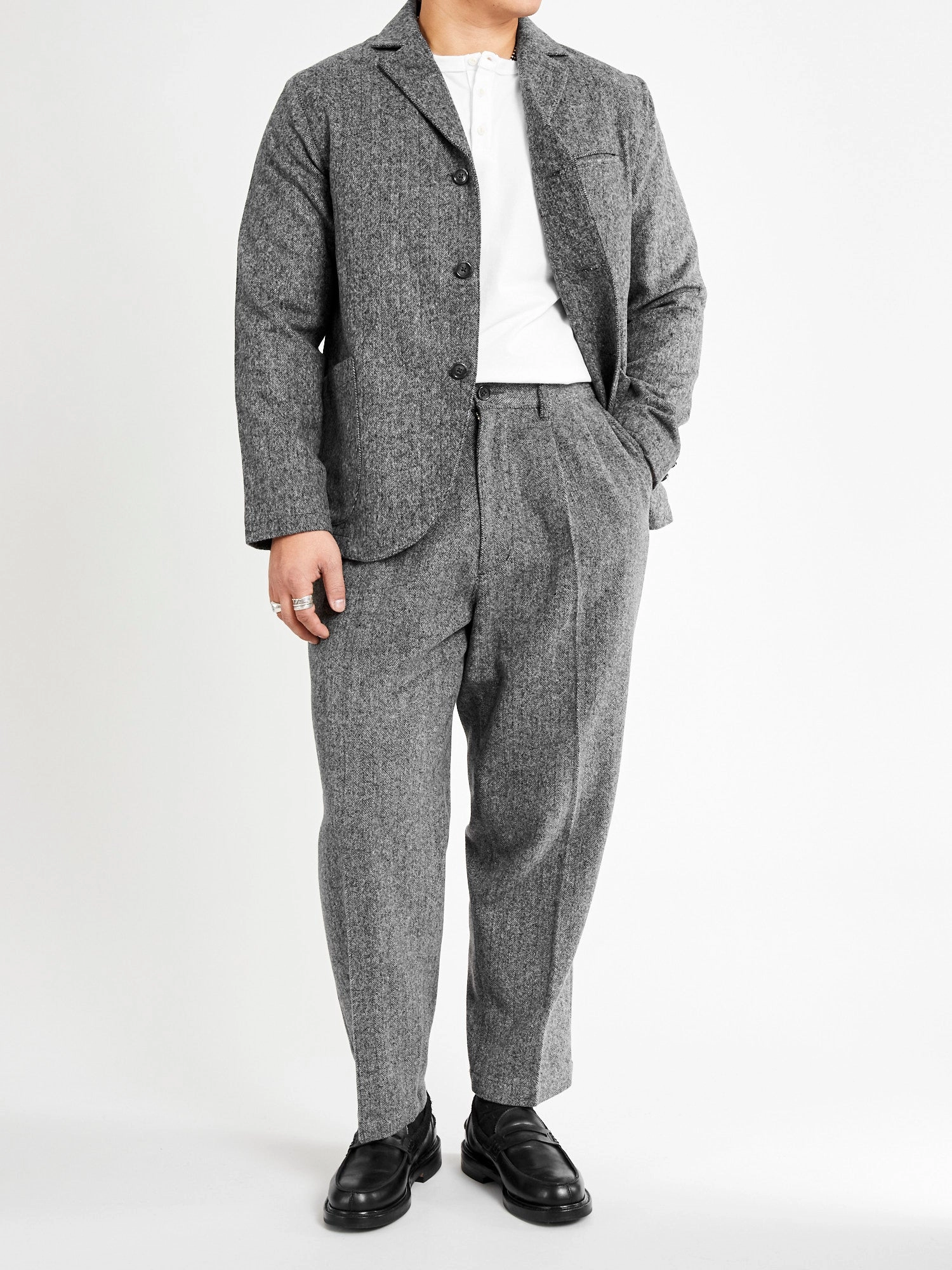 Wool Suit Trousers in Black Herringbone