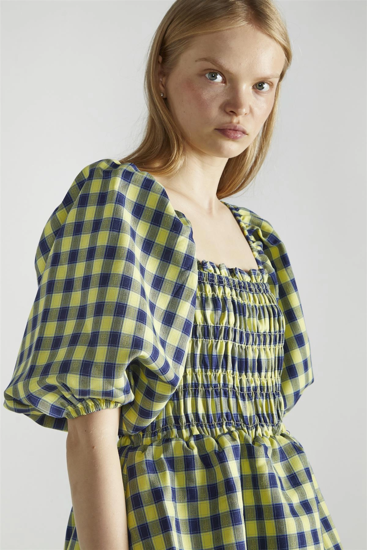 Yellow-Blue Check Tiered Maxi-Dress